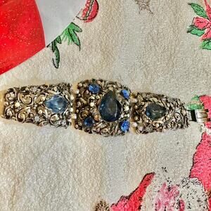 Vintage Selro Selini Ornate Victorian Faux Sapphire Pearl Gemstone Cuff Bracelet
